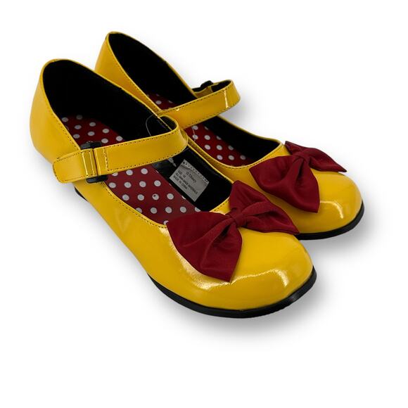 Disney Minnie Mouse Yellow Patent Mary Jane Kitten Heel Shoes Sz 10 Red Bow - Picture 2 of 6